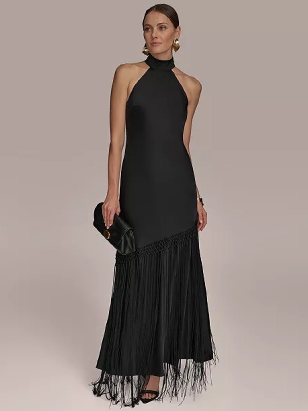 Donna Karan High Neck Fringe Gown